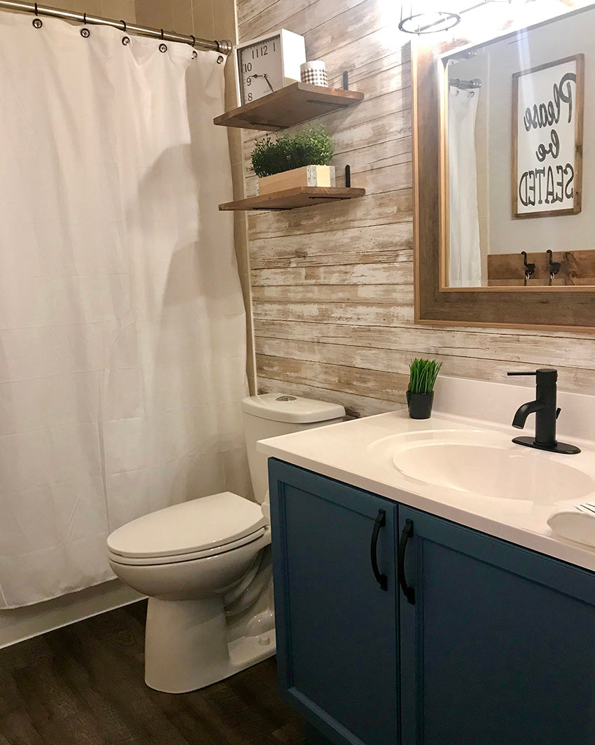 Rustic Bathroom Update - Peel and Stick Wallpaper DIY