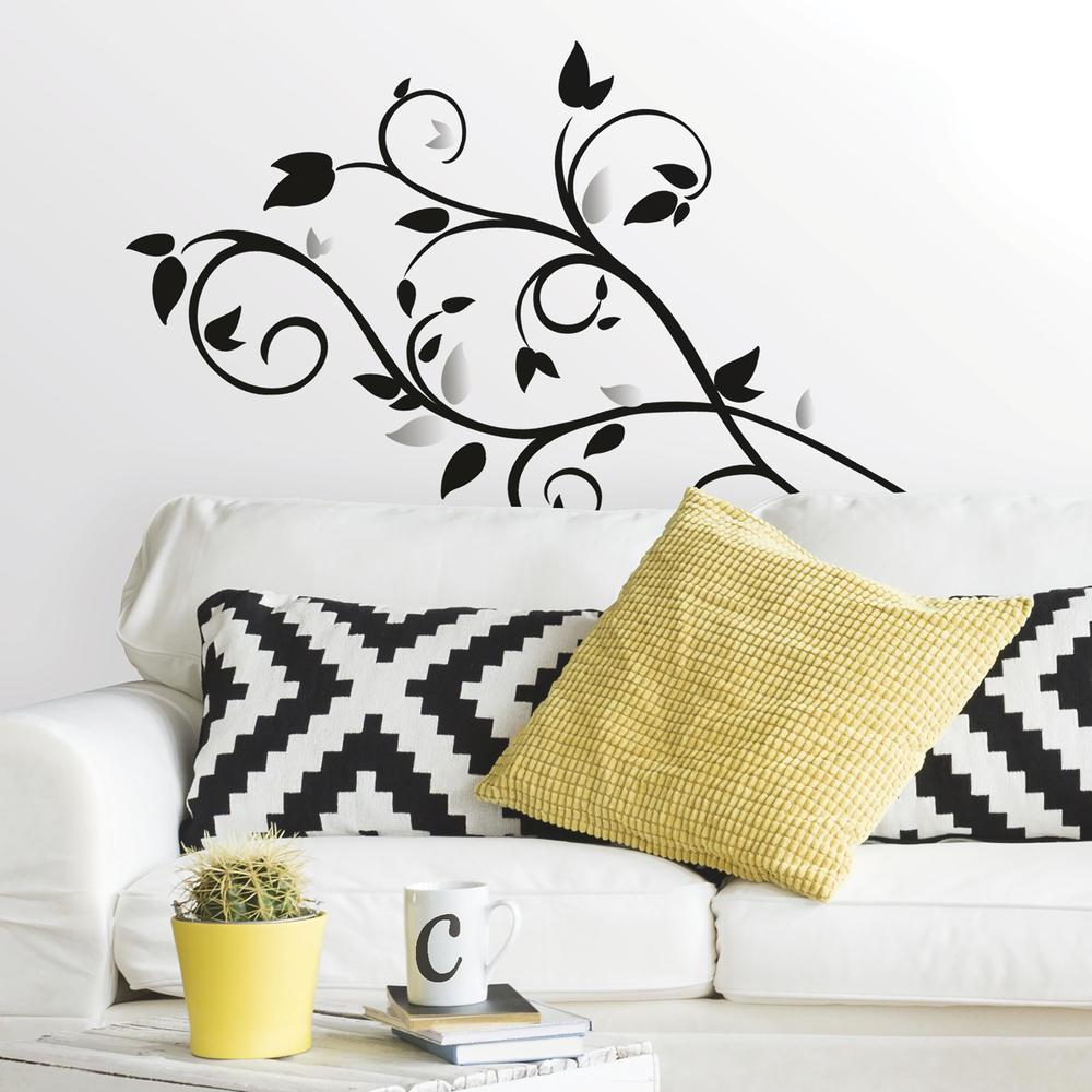 Black Scroll Branch Wall Decals with Foil Leaves Wall Decals RoomMates   
