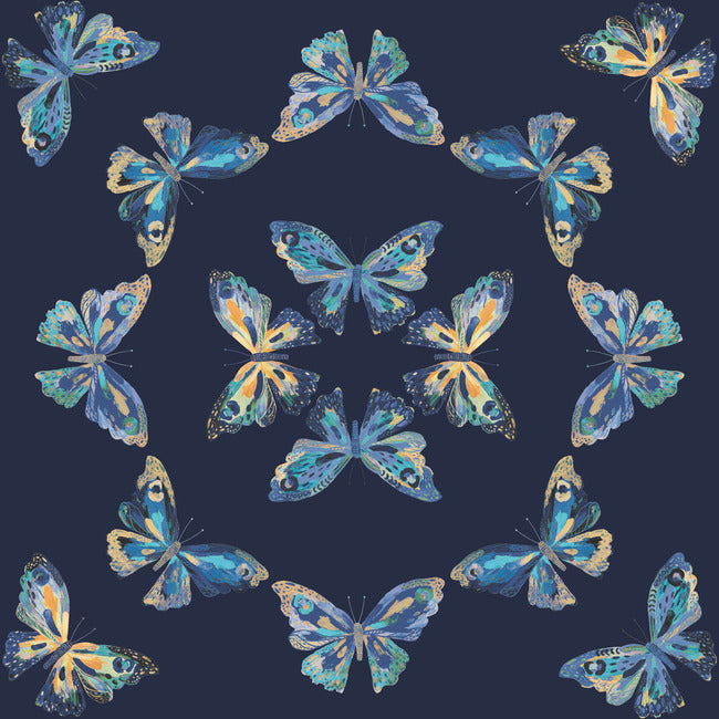 EttaVee Papillon Peel & Stick Wallpaper Peel and Stick Wallpaper RoomMates Roll Blue 