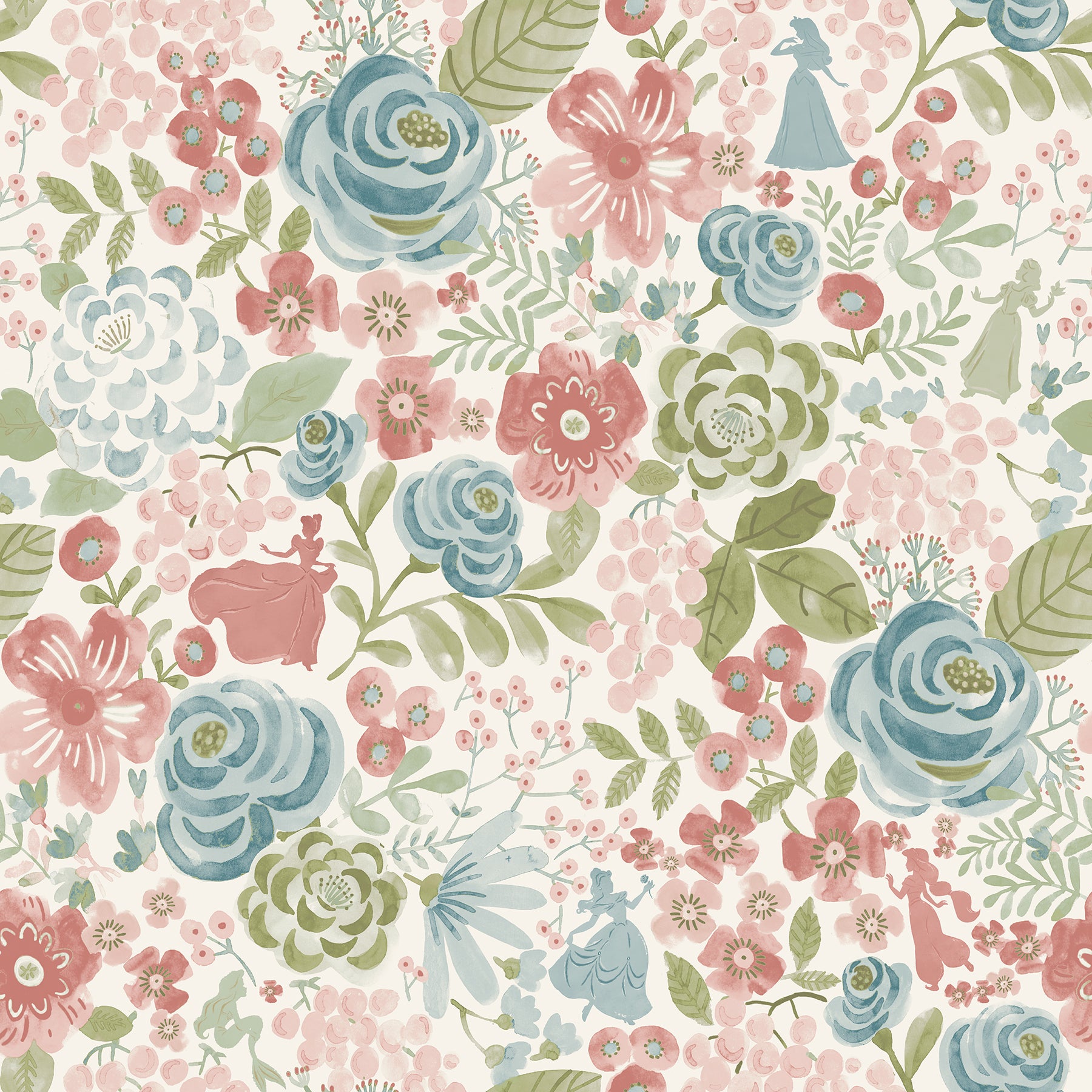Disney Princess Watercolor Floral Peel & Stick Wallpaper Peel and Stick Wallpaper RoomMates Decor Roll Blush 