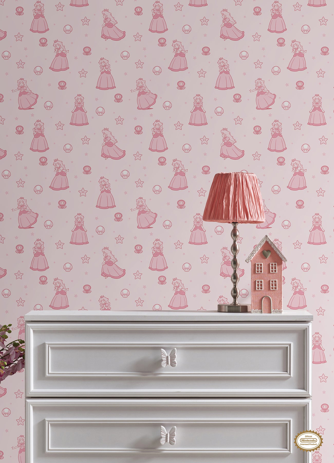 Super Mario Princess Peach Pink Peel & Stick Wallpaper Peel and Stick Wallpaper RoomMates Decor