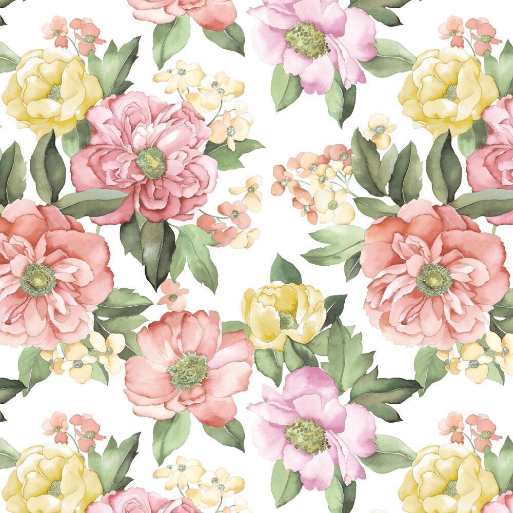 Watercolor Floral Bouquet Peel & Stick Wallpaper Peel and Stick Wallpaper RoomMates Roll White 