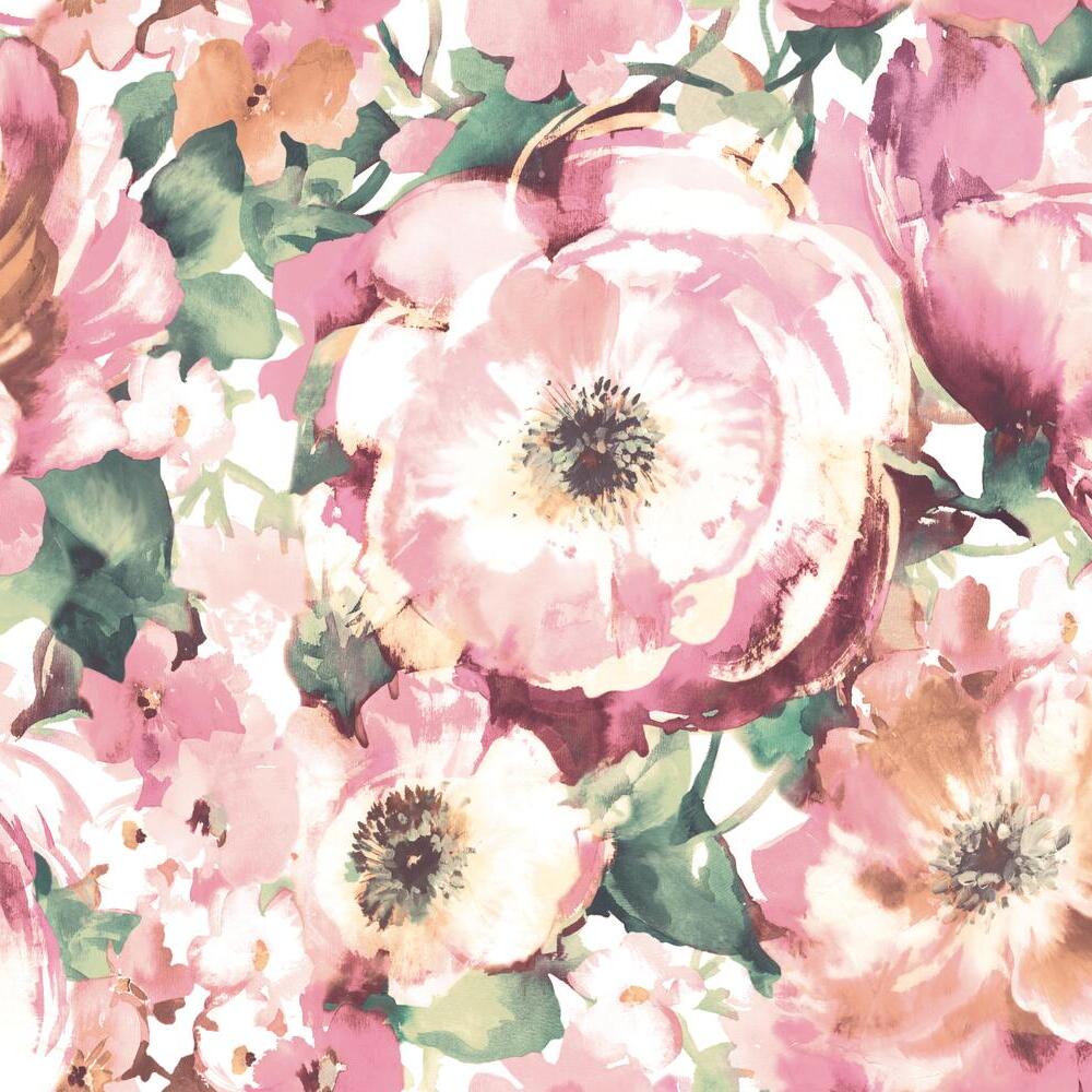 Watercolor Floral Peel and Stick Wallpaper Mural Wall Murals RoomMates Roll Pink 