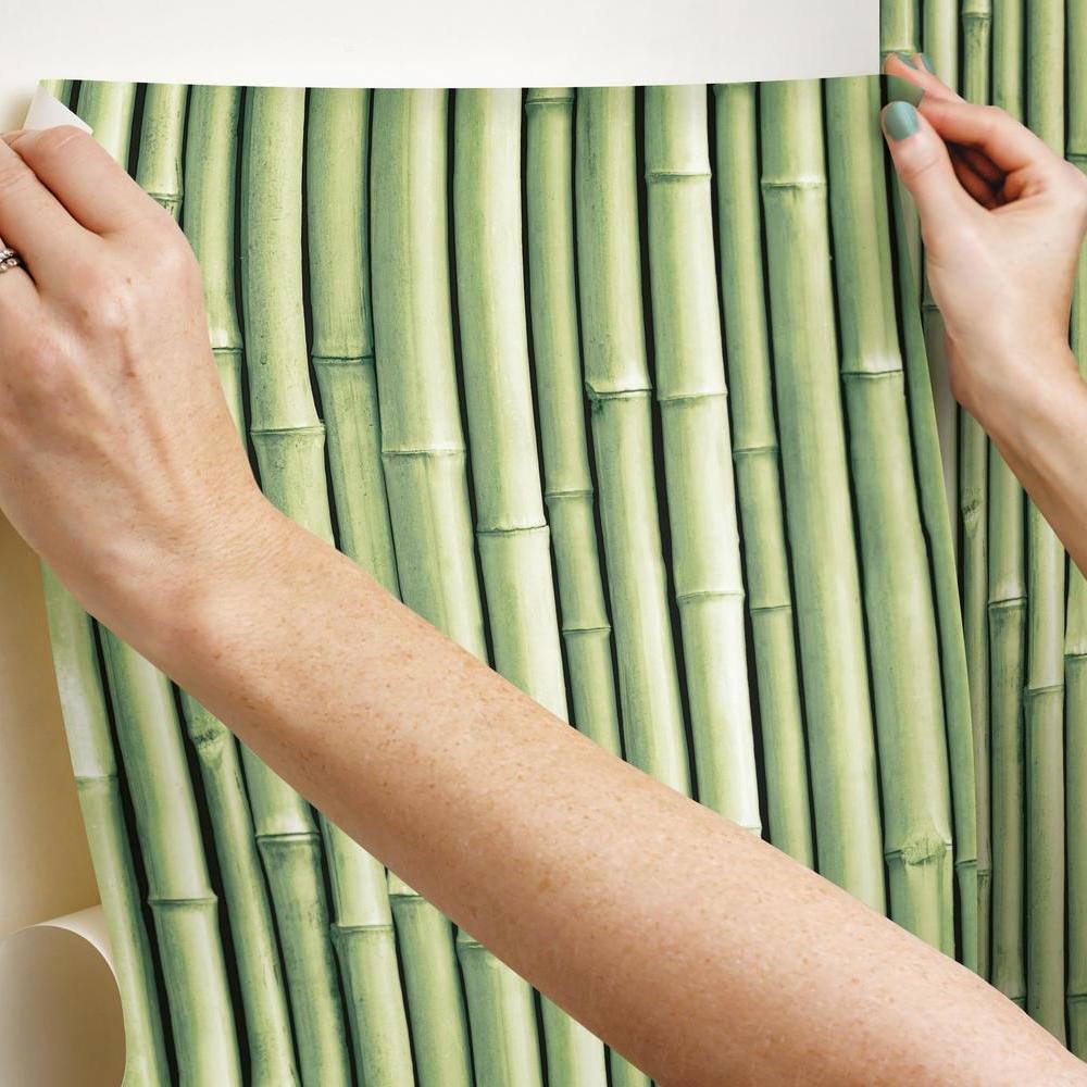 3D Bamboo Self Adhesive Wallpaper Vinyl Green Solid Color Peel and Stick  Wall Paper Roll for Wall Kitchen Bathroom Shelves Decor