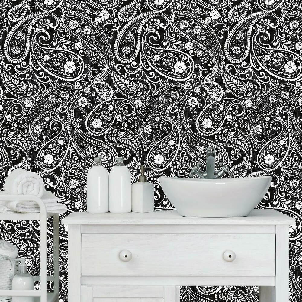 black and white paisley wallpaper bedroom