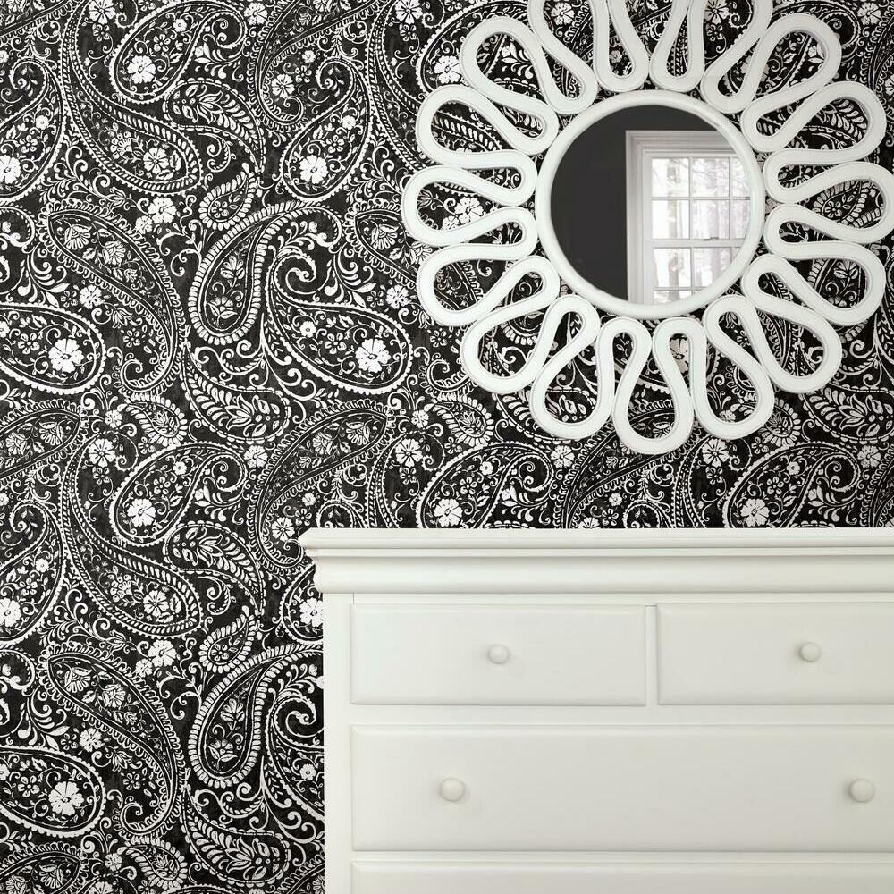 black and white paisley wallpaper bedroom