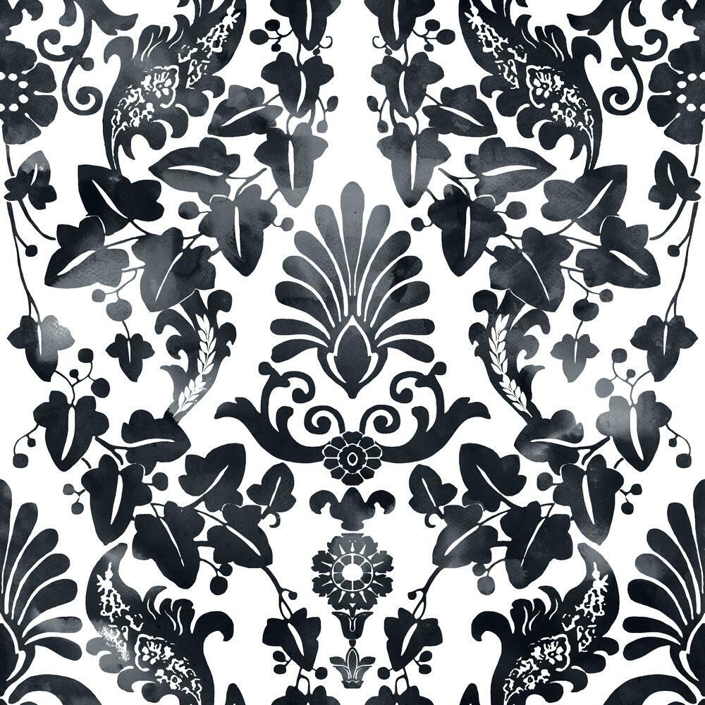 Vine Damask Peel and Stick Wallpaper Peel and Stick Wallpaper RoomMates Roll Black 
