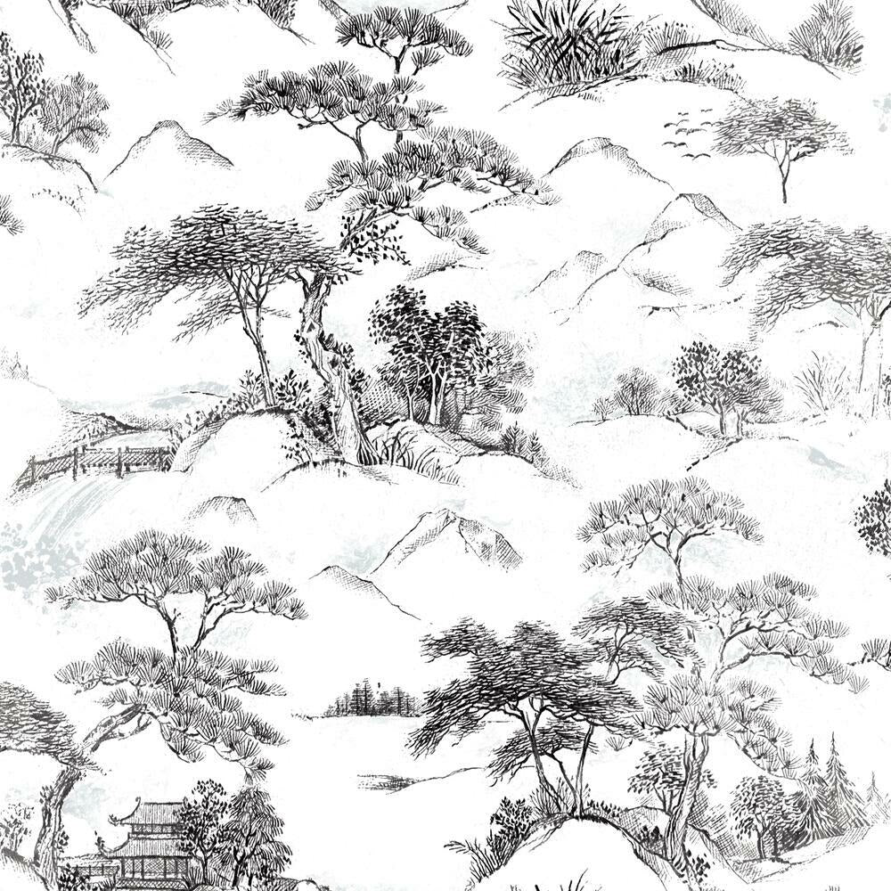 Oriental Toile Peel and Stick Wallpaper Peel and Stick Wallpaper RoomMates Roll Black 