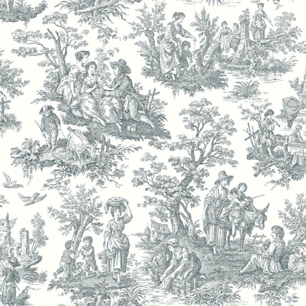 Waverly Country Life Toile Peel and Stick Wallpaper Peel and Stick Wallpaper RoomMates Roll Grey 