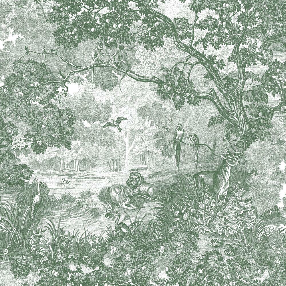 Jungle Toile Peel and Stick Wallpaper Peel and Stick Wallpaper RoomMates Roll Green 