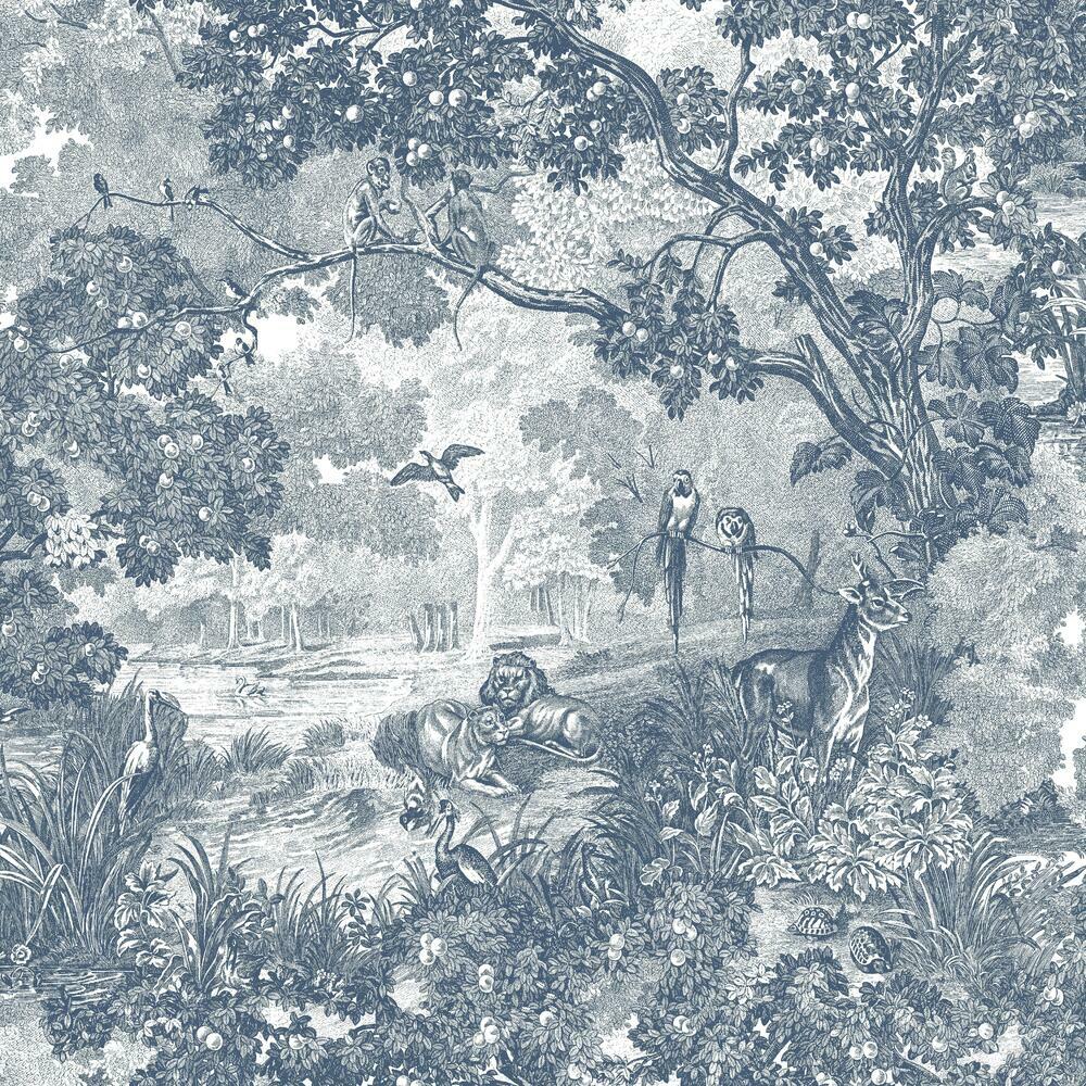 Jungle Toile Peel and Stick Wallpaper Peel and Stick Wallpaper RoomMates Roll Blue 