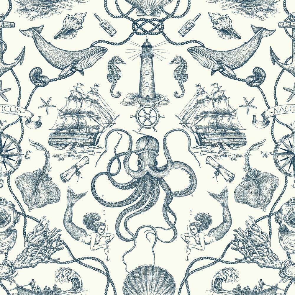Deep Sea Toile Peel and Stick Wallpaper Peel and Stick Wallpaper RoomMates Roll Blue 