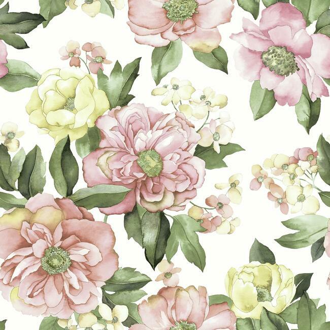 Watercolor Floral Bouquet Peel & Stick Wallpaper Peel and Stick Wallpaper RoomMates Roll Pink 