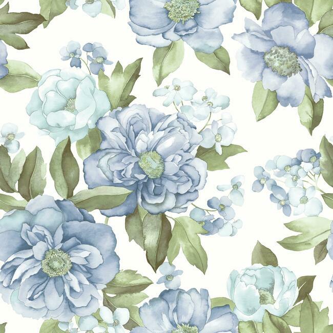 Watercolor Floral Bouquet Peel & Stick Wallpaper Peel and Stick Wallpaper RoomMates Roll Blue 