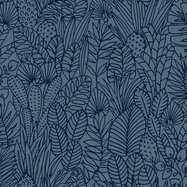 Tropical Leaves Sketch Peel and Stick Wallpaper Peel and Stick Wallpaper RoomMates Roll Blue 