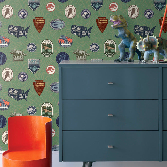 Jurassic World Badges Peel & Stick Wallpaper Peel and Stick Wallpaper RoomMates   