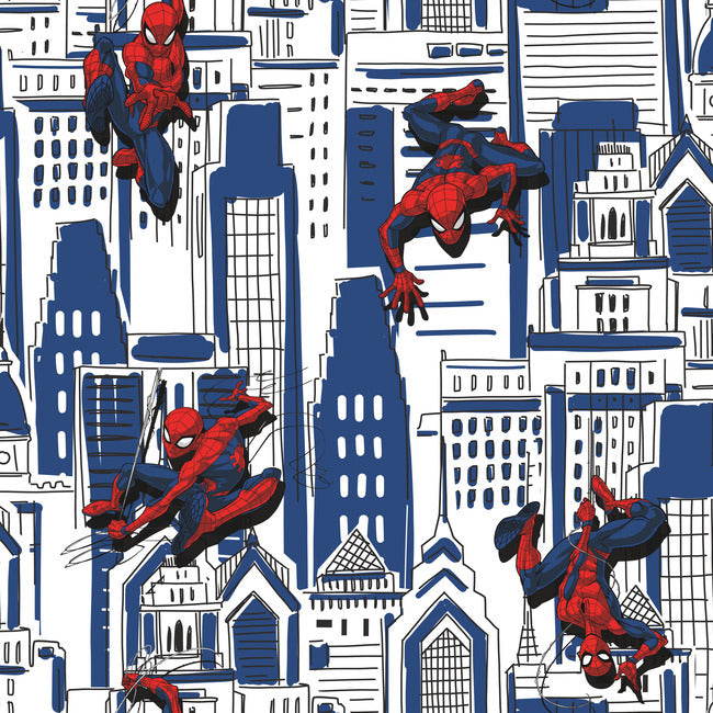 Spider-Man Cityscape Peel And Stick Wallpaper Peel and Stick Wallpaper RoomMates Roll Blue 