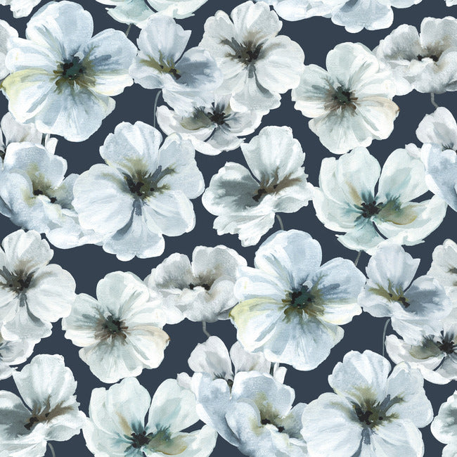 Tamara Day Hawthorn Blossom Wallpaper Peel and Stick Wallpaper RoomMates Roll Navy 