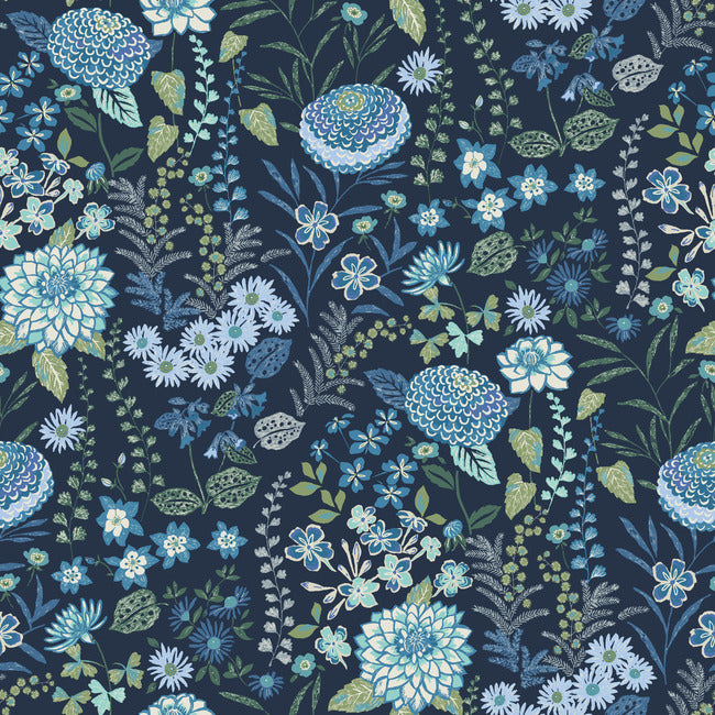 Waverly Fiona Floral Peel & Stick Wallpaper Peel and Stick Wallpaper RoomMates Roll Blue 