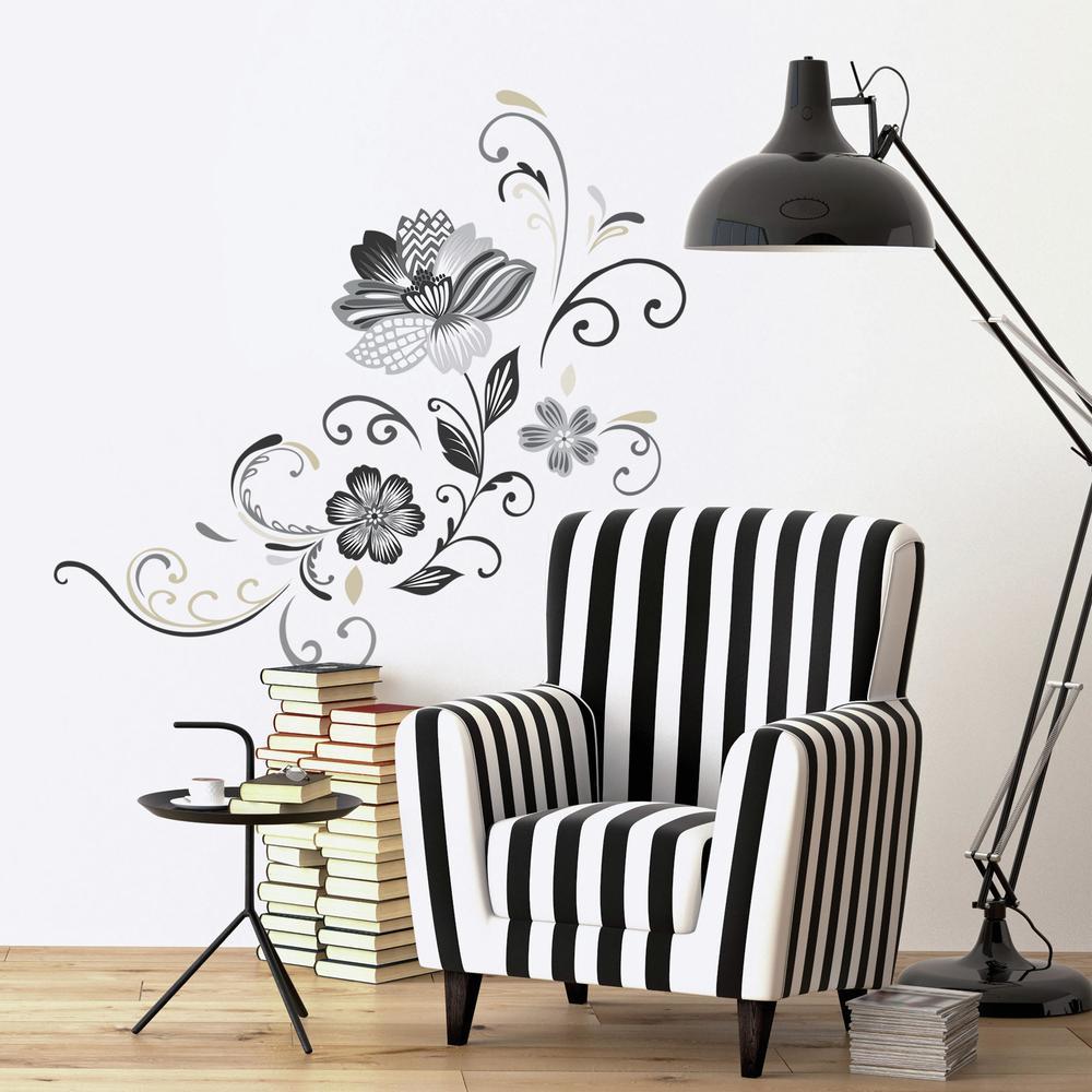 Black and White Flower Scroll Peel and Stick Giant Wall Decals Wall Decals RoomMates   