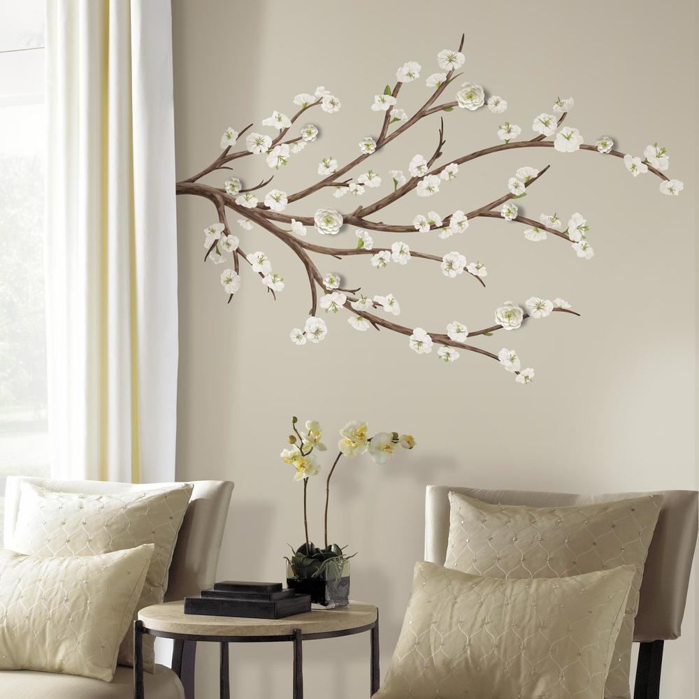 White Blossom Branch Giant Wall Decals With 3D Embellishments Wall Decals RoomMates   