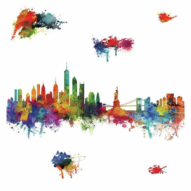 New York City Watercolor Skyline Peel and Stick Giant Wall Decals Wall Decals RoomMates   