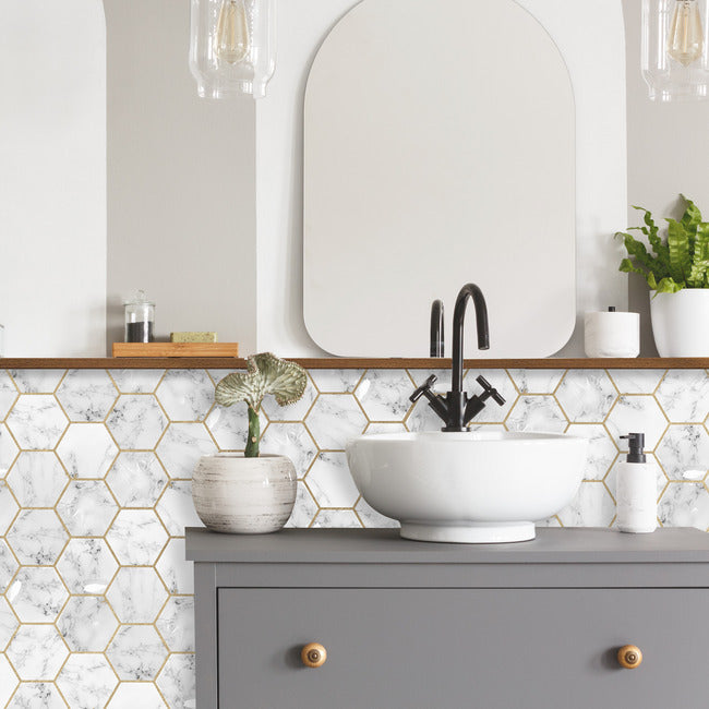 Cararra Marble And Gold Large Hexagon Peel and Stick Backsplash Peel and Stick Backsplash RoomMates   