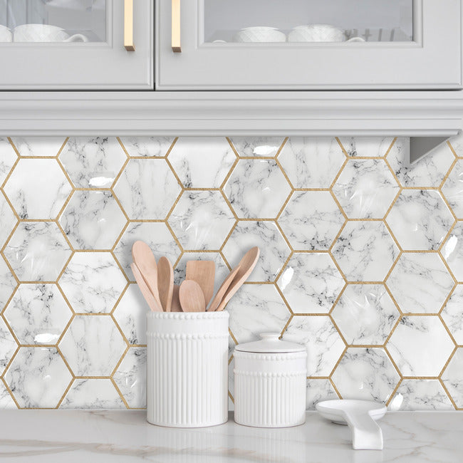 Cararra Marble And Gold Large Hexagon Peel and Stick Backsplash Peel and Stick Backsplash RoomMates   
