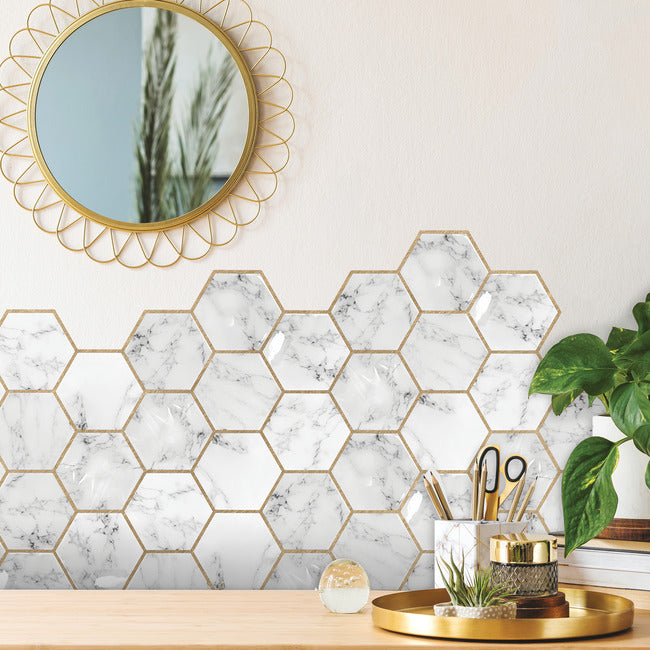 Cararra Marble And Gold Large Hexagon Peel and Stick Backsplash Peel and Stick Backsplash RoomMates   